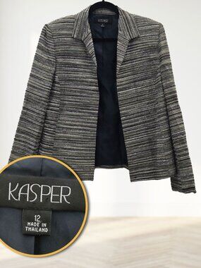 Kasper Blazer Sz 12 Grey Green Striped Tweed Rayon Silk Career Jacket